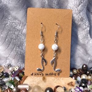 White Bead Music Note Charm Artisan Earrings